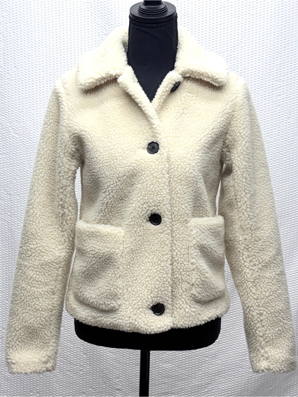 Abercrombie Sherpa Teddy Coat Womens XS Ivory Cropped Jacket Button Front